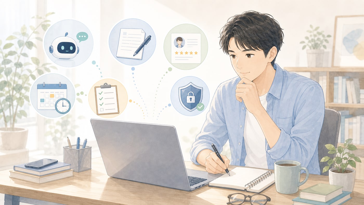 会社員がAI活用・Webライティング・スキル販売などの副業候補を比較している様子